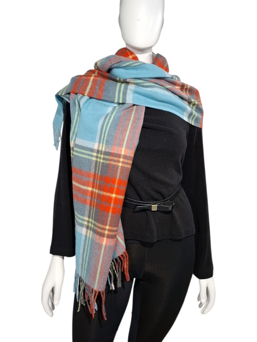 J. Crew Light Blue Plaid Fringed Scarf with Multicolor Stripes 100% Wool NWT